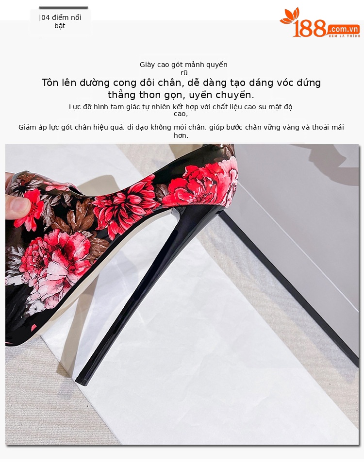 Giày cao gót nữ mũi nhọn siêu cao, họa tiết hoa văn thời trang, size lớn đến 50 — Màu xanh lam chi tiết 6