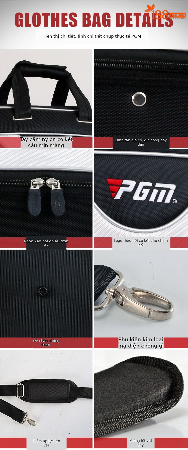 Túi đựng quần áo golf PGM hai lớp dung tích lớn, chống nước, kích thước 25x30x48 cm — Túi Đựng Quần Áo da YWB021, YWB024-Túi quần áo không thấm nước màu xanh, YWB024-Túi quần áo không thấm nước màu đen, YWB036-Túi đựng đồ PU pha lê đen trắng chi tiết 7