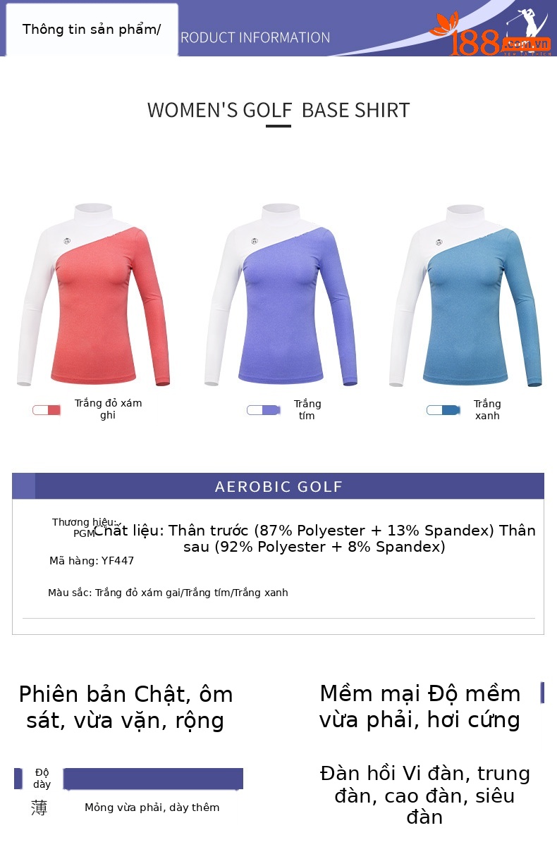 Áo thun dài tay golf nữ co giãn giữ ấm mùa thu đông — YF447-Trắng Đỏ gai Xám, YF447-Trắng Tím, YF447-màu xanh trắng chi tiết 3