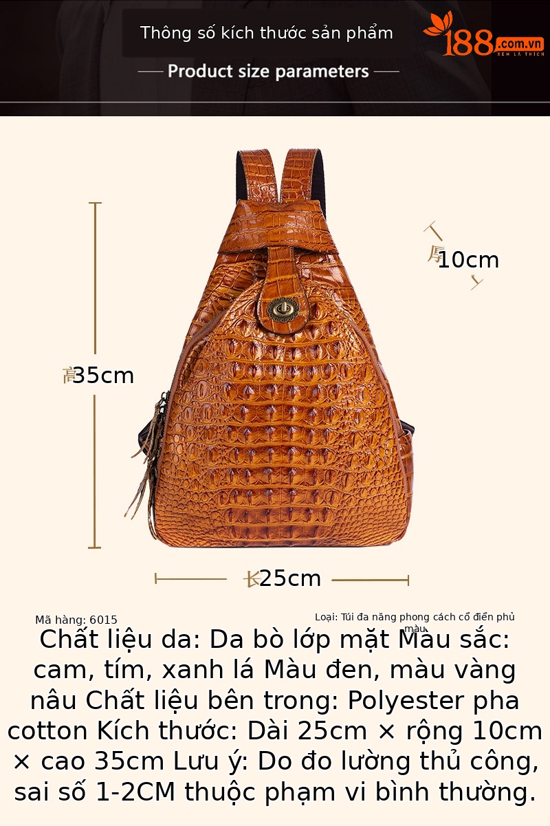 Ba lô da bò cao cấp dập nổi vân cá sấu phong cách retro — Màu đen chi tiết 8