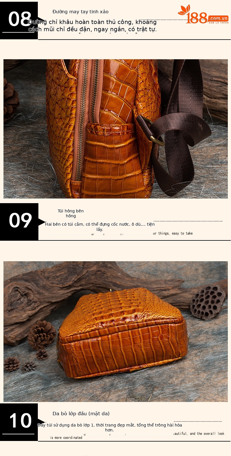 Ba lô da bò cao cấp dập nổi vân cá sấu phong cách retro — Màu đen chi tiết 14