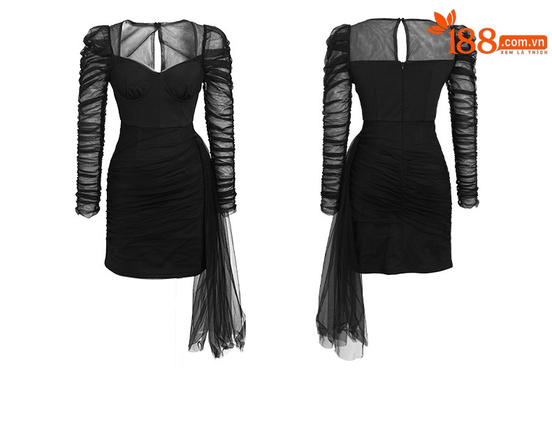Đầm ôm body nữ tay dài xếp ly lưới thiết kế sang trọng kiểu quý tộc Pháp — Màu mơ chi tiết 6