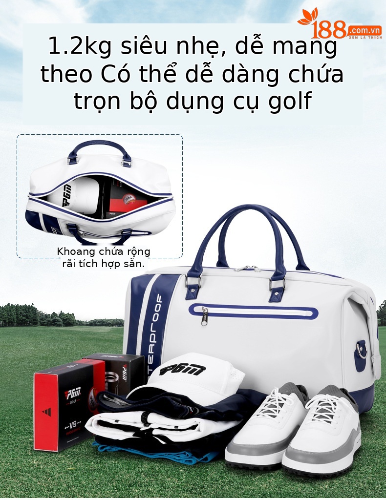 Túi đựng quần áo chơi gôn PGM da microfiber chống thấm nước, có ngăn giày riêng, kích thước 48×28×25 cm — YWB038-màu xám đen, YWB038-màu xám trắng, YWB038-Trắng xanh đậm chi tiết 3