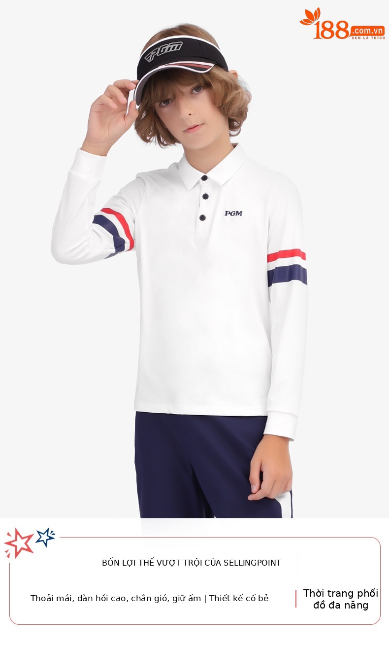Áo thun dài tay golf bé trai PGM mùa thu đông — YF434-Áo màu trắng, YF459-màu xanh lá cây, YF459-màu trắng, YF434-Áo màu xanh nước biển chi tiết 22