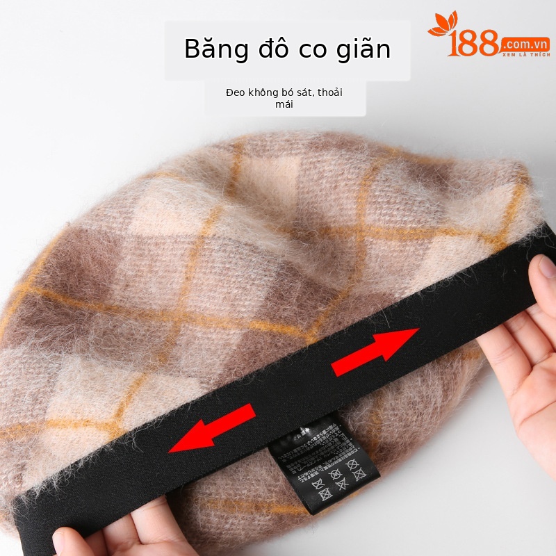 Mũ nồi nữ thu đông kiểu bí ngô, lông thỏ giả, bảo vệ tai, co giãn 55–58 cm — Màu đen