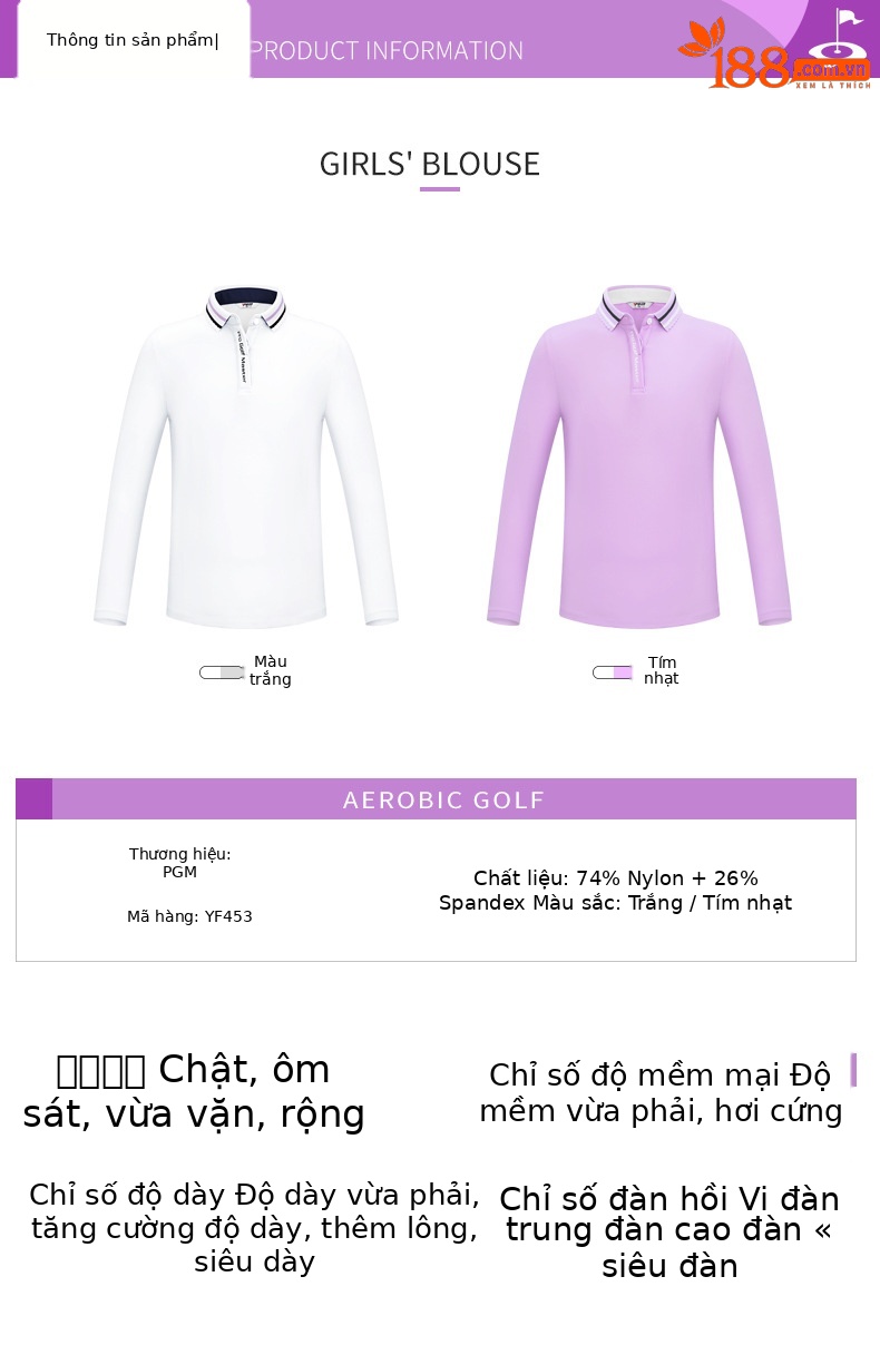 Set áo quần golf dài tay bé gái mùa thu đông vải co giãn cao — YF453-màu trắng, YF453-màu tím nhạt chi tiết 3