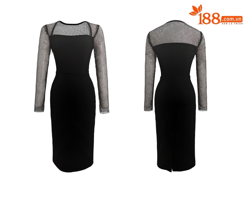 Đầm ôm body nữ cổ vuông phối lưới phong cách Hepburn — Màu đen chi tiết 4