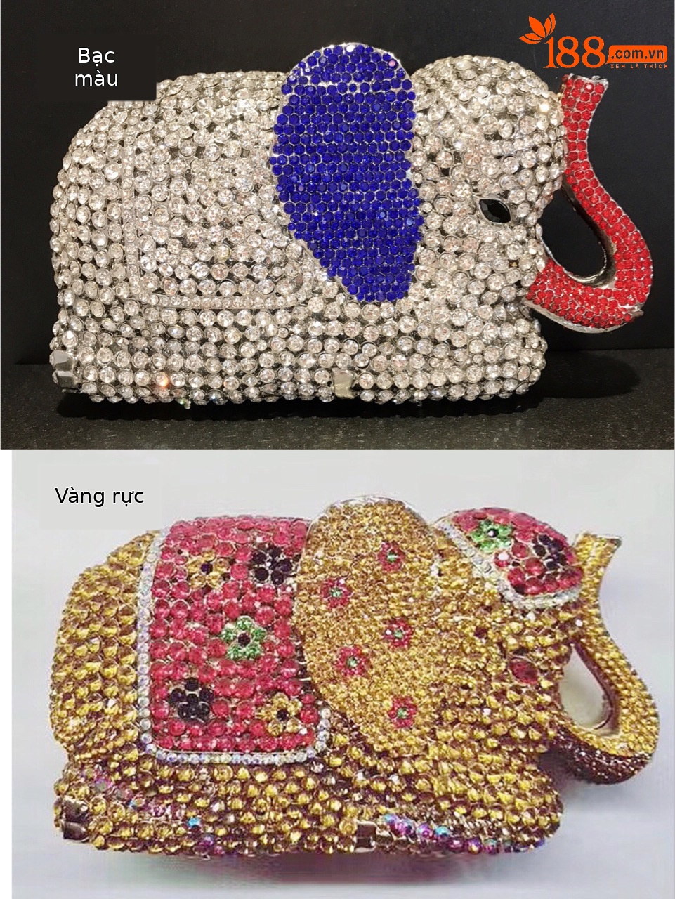 Túi clutch dạ hội hình voi 3D đính đá pha lê phong cách Âu Mỹ — kim cương vàng trên nền vàng chi tiết 1