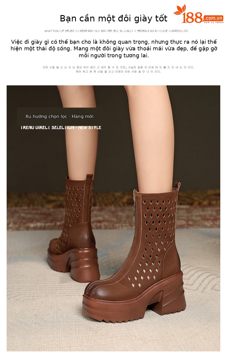 Boot nữ cổ điển khóa kéo phía trước gót dày 10 cm — Màu nâu chi tiết 3