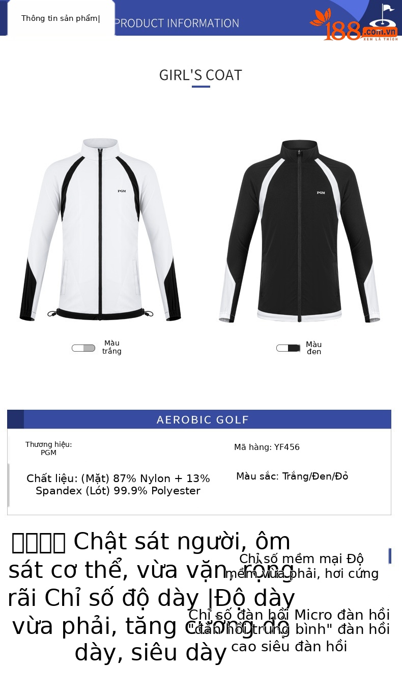 Áo khoác golf trẻ em bé gái chống gió chống mưa cổ đứng dây kéo — YF456-màu trắng, YF456-Đen, YF456-màu đỏ chi tiết 3