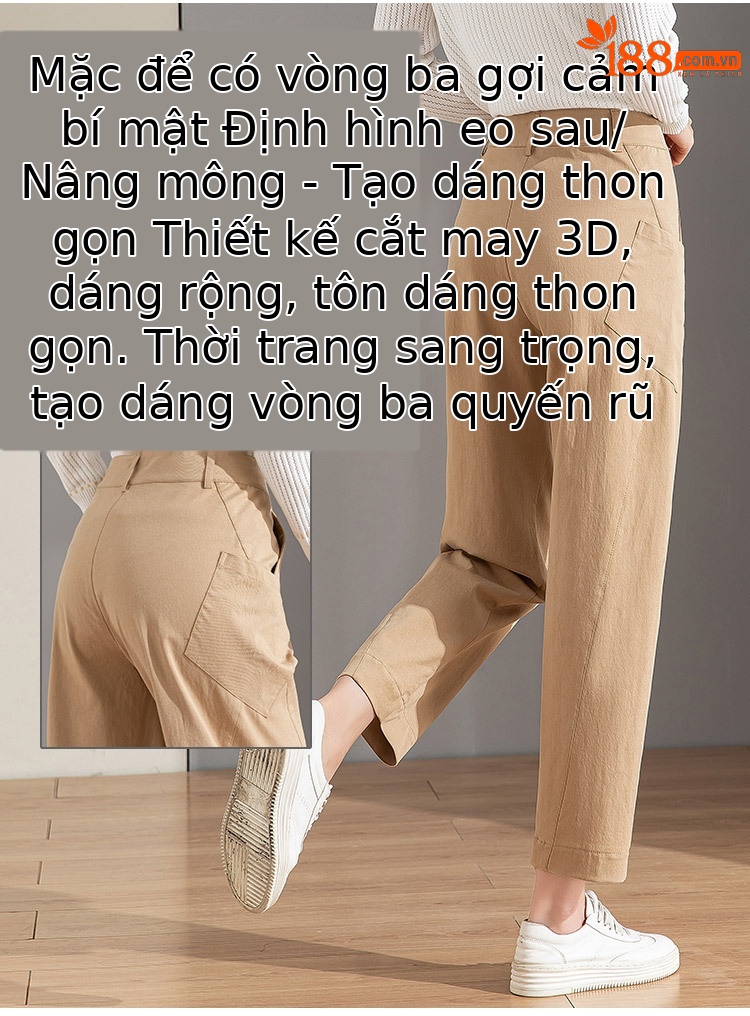 Quần chuối nữ ống rộng dáng thon gọn, cạp cao, chất cotton giặt thường, phong cách cổ điển — Màu Kaki chi tiết 4