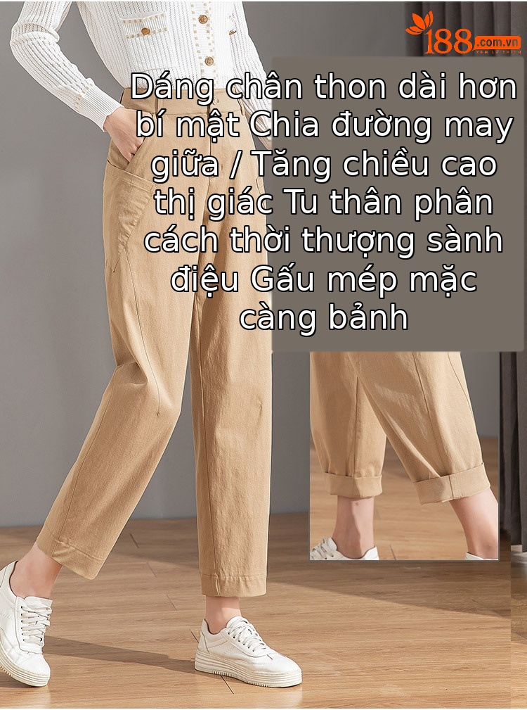 Quần chuối nữ ống rộng dáng thon gọn, cạp cao, chất cotton giặt thường, phong cách cổ điển — Màu Kaki chi tiết 5