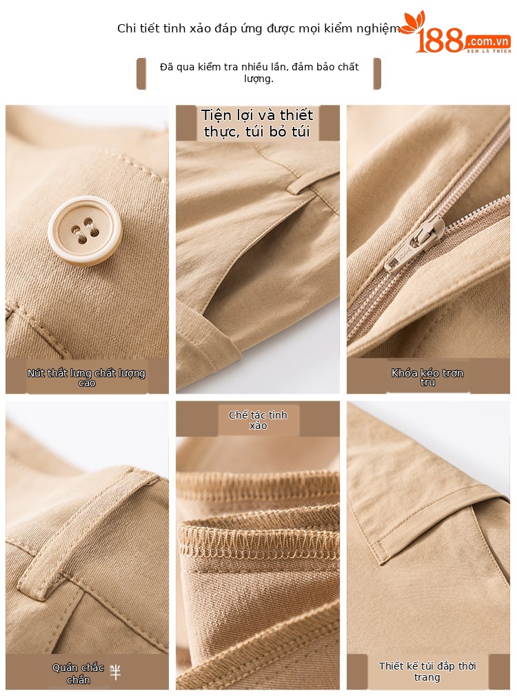 Quần chuối nữ ống rộng dáng thon gọn, cạp cao, chất cotton giặt thường, phong cách cổ điển — Màu Kaki chi tiết 7