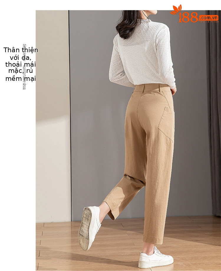 Quần chuối nữ ống rộng dáng thon gọn, cạp cao, chất cotton giặt thường, phong cách cổ điển — Màu Kaki chi tiết 9