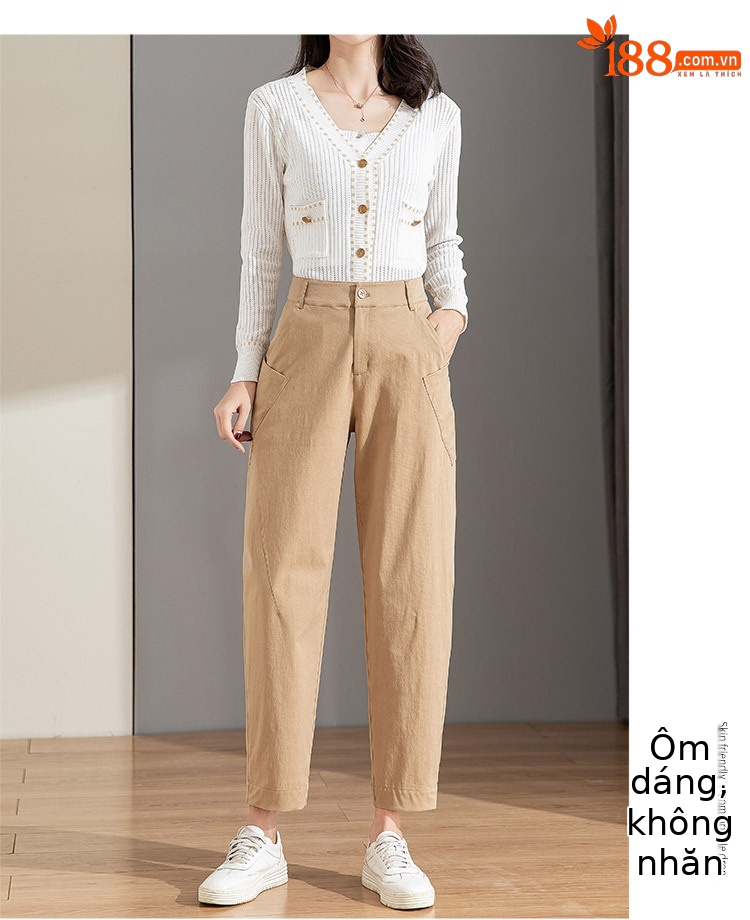 Quần chuối nữ ống rộng dáng thon gọn, cạp cao, chất cotton giặt thường, phong cách cổ điển — Màu Kaki chi tiết 10