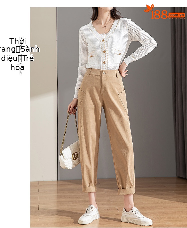 Quần chuối nữ ống rộng dáng thon gọn, cạp cao, chất cotton giặt thường, phong cách cổ điển — Màu Kaki chi tiết 12