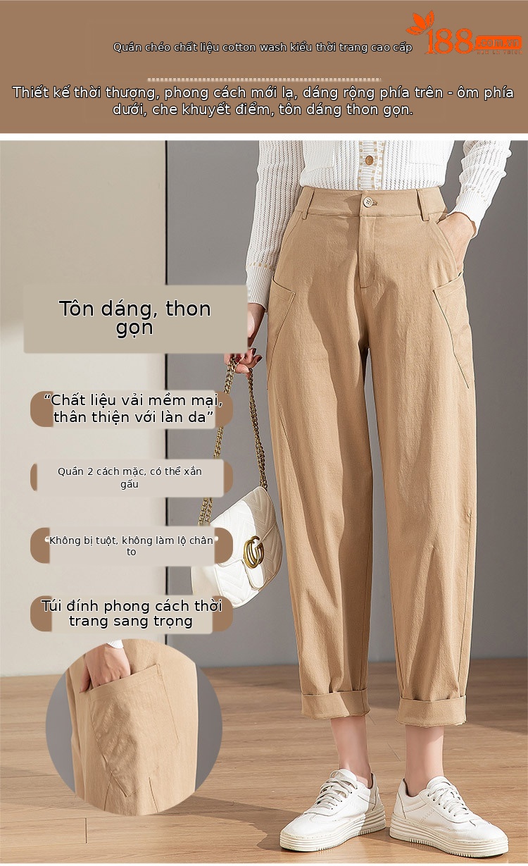 Quần chuối nữ ống rộng dáng thon gọn, cạp cao, chất cotton giặt thường, phong cách cổ điển — Màu Kaki chi tiết 1