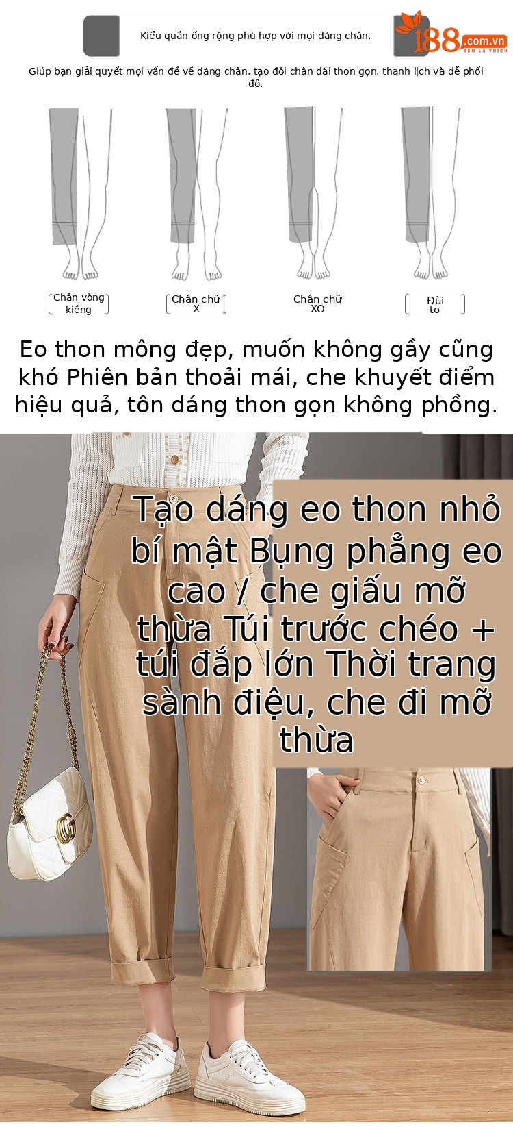 Quần chuối nữ ống rộng dáng thon gọn, cạp cao, chất cotton giặt thường, phong cách cổ điển — Màu Kaki chi tiết 3