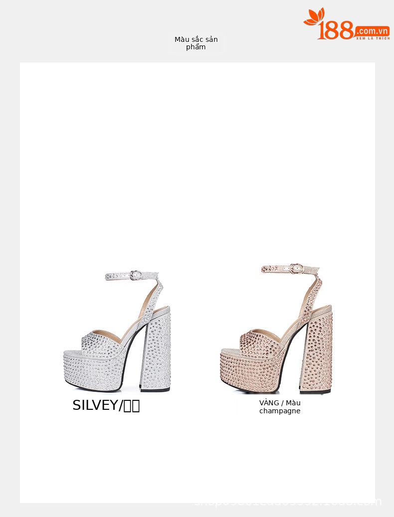 Sandal nữ siêu cao gót da thật đế dày chống trượt đính đá rhinestone gót 15 cm — Rượu sâm banh chi tiết 1