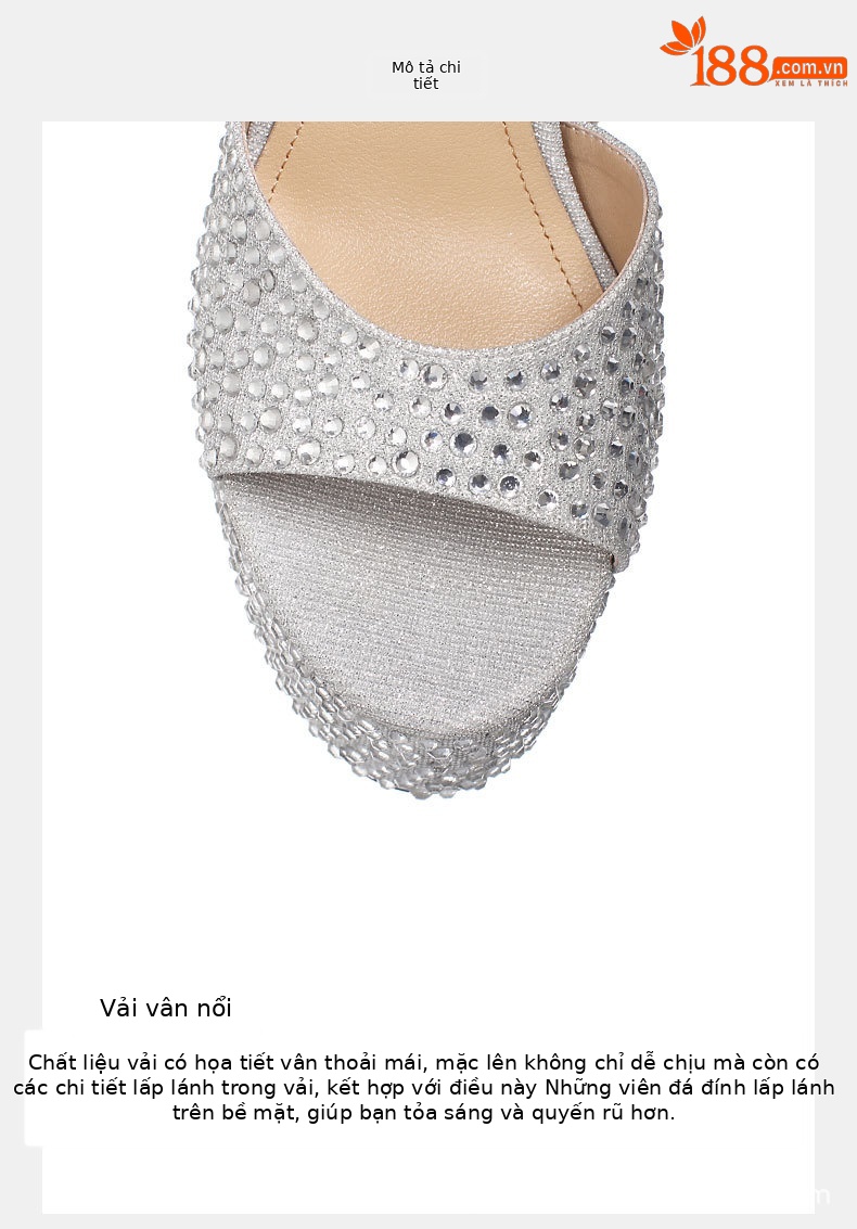 Sandal nữ siêu cao gót da thật đế dày chống trượt đính đá rhinestone gót 15 cm — Rượu sâm banh chi tiết 3