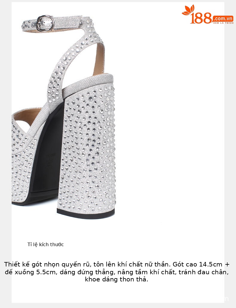 Sandal nữ siêu cao gót da thật đế dày chống trượt đính đá rhinestone gót 15 cm — Rượu sâm banh chi tiết 4