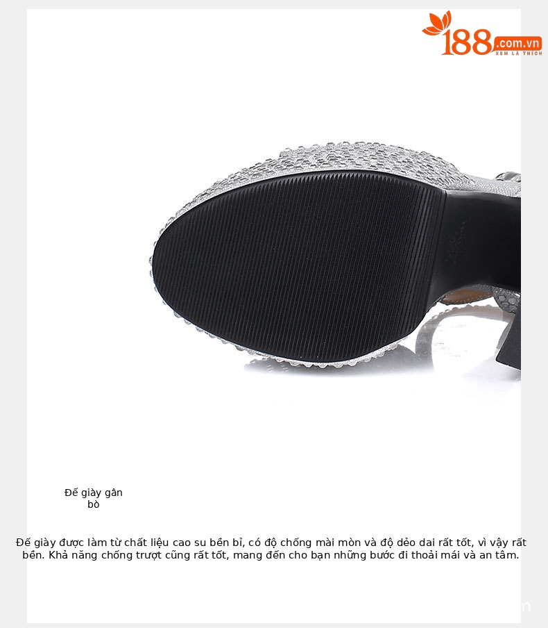 Sandal nữ siêu cao gót da thật đế dày chống trượt đính đá rhinestone gót 15 cm — Rượu sâm banh chi tiết 5