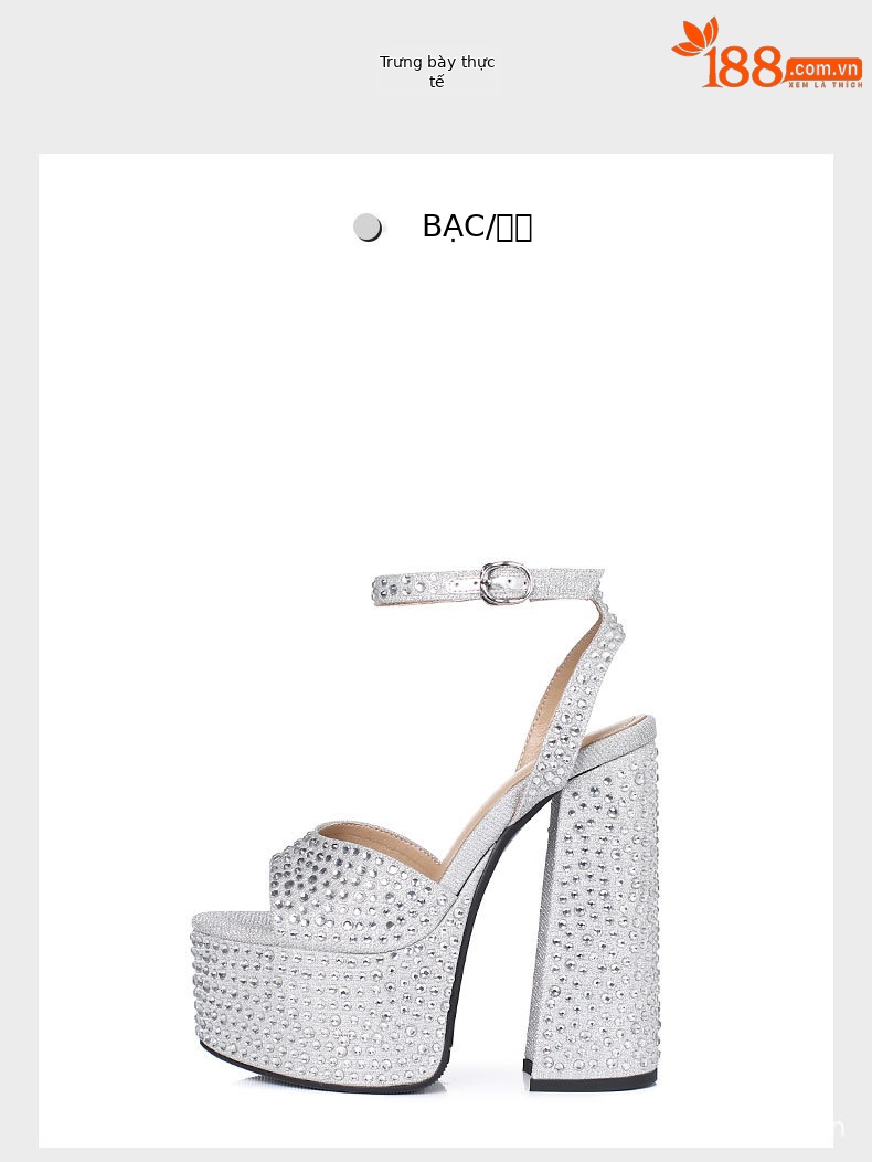 Sandal nữ siêu cao gót da thật đế dày chống trượt đính đá rhinestone gót 15 cm — Rượu sâm banh chi tiết 11