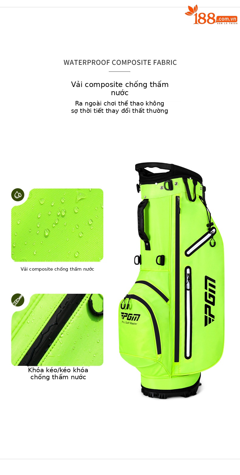 Túi đựng gậy golf PGM kiểu Hàn Quốc có chân đế, nhẹ, chống nước — QB116-Xanh huỳnh quang chi tiết 18