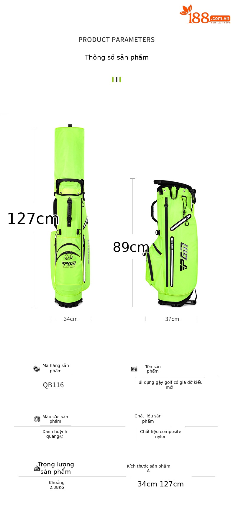 Túi đựng gậy golf PGM kiểu Hàn Quốc có chân đế, nhẹ, chống nước — QB116-Xanh huỳnh quang chi tiết 19