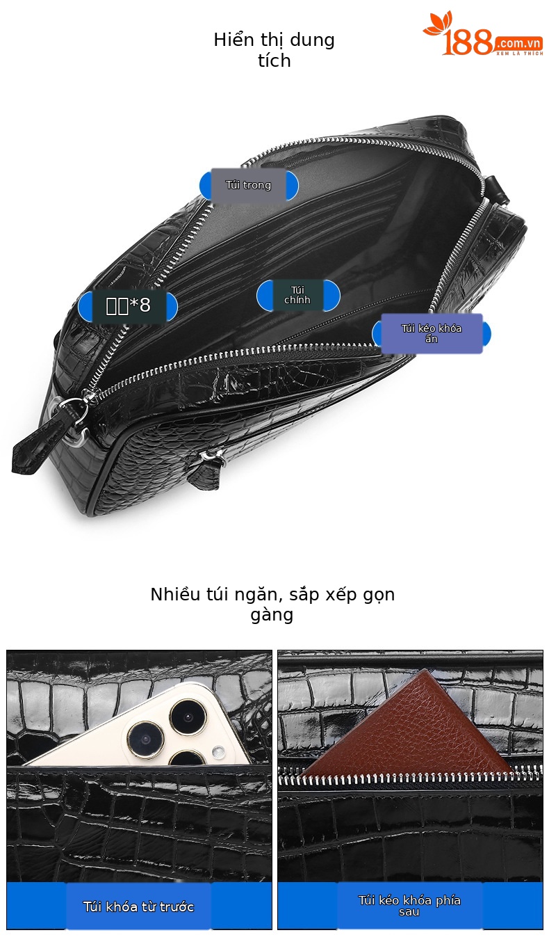 Túi đeo chéo da bò họa tiết bụng cá sấu nam sức chứa lớn chi tiết 11