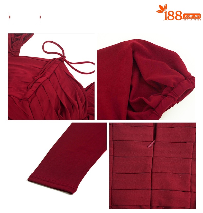 Đầm maxi tay dài cổ halter lưng trần kiểu Pháp — Màu đen chi tiết 4