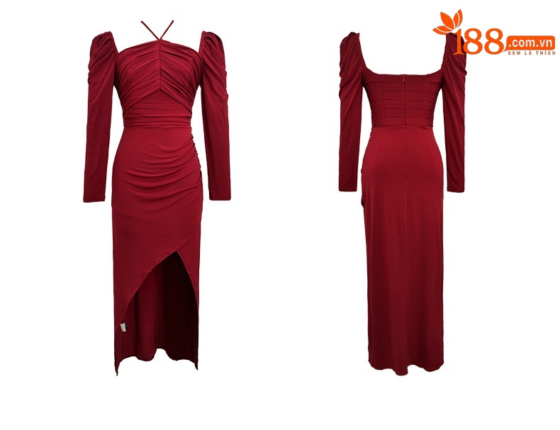 Đầm maxi tay dài cổ halter lưng trần kiểu Pháp — Màu đen chi tiết 5