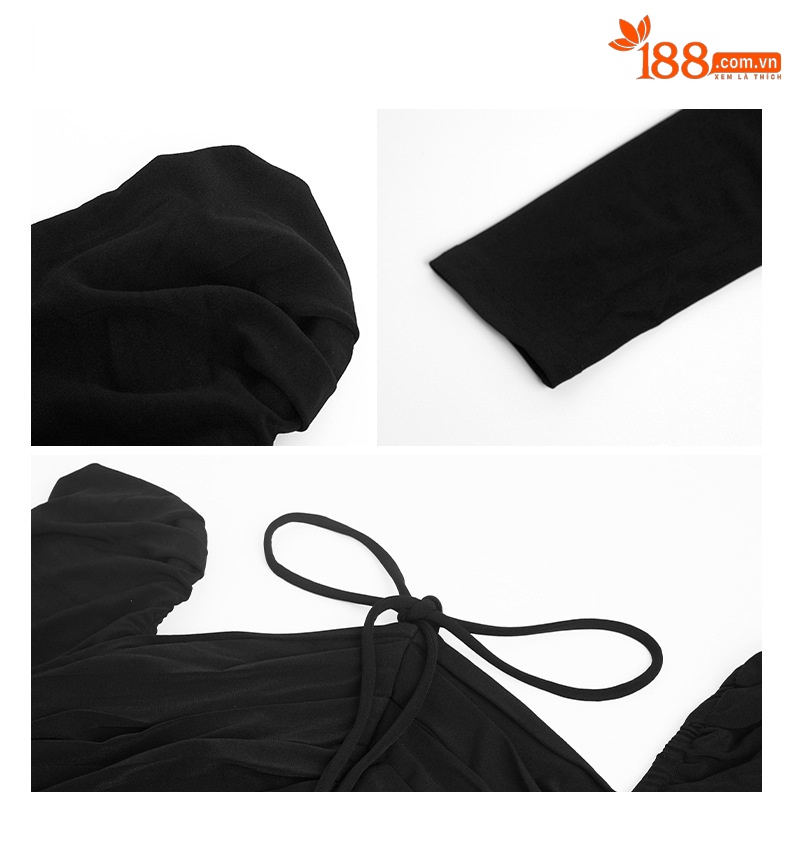 Đầm maxi tay dài cổ halter lưng trần kiểu Pháp — Màu đen chi tiết 6