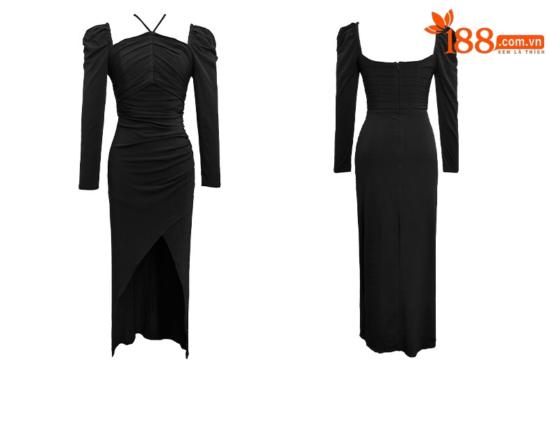 Đầm maxi tay dài cổ halter lưng trần kiểu Pháp — Màu đen chi tiết 7