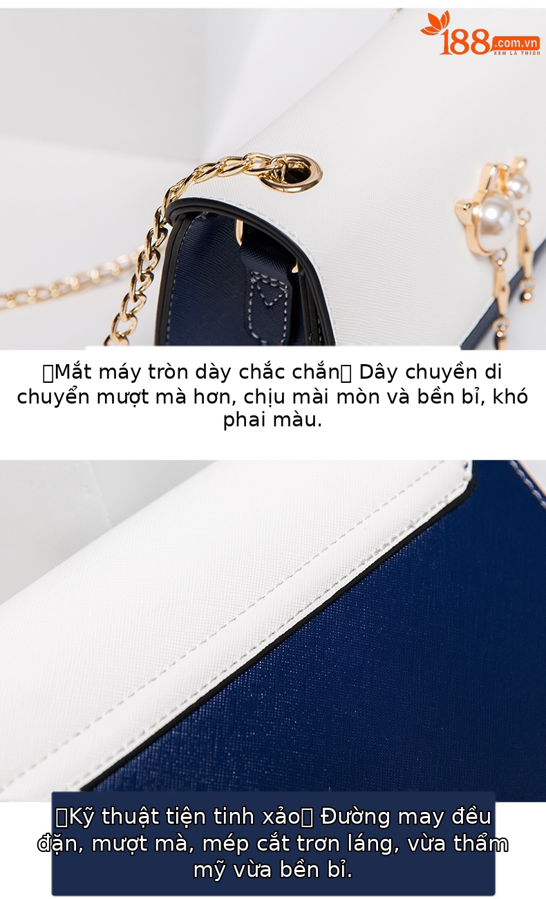 Túi đeo chéo nữ dây xích vuông nhỏ da thật phối màu tương phản — Màu xanh và trắng (bầu trời đầy sao lãng mạn), Màu hồng trắng (sao băng Màu Hồng) chi tiết 14