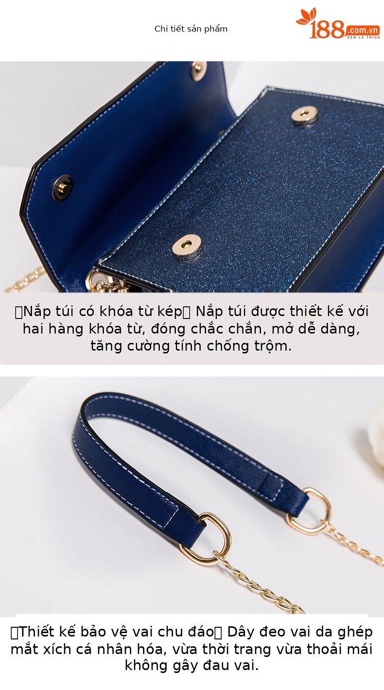 Túi đeo chéo nữ dây xích vuông nhỏ da thật phối màu tương phản — Màu xanh và trắng (bầu trời đầy sao lãng mạn), Màu hồng trắng (sao băng Màu Hồng) chi tiết 13