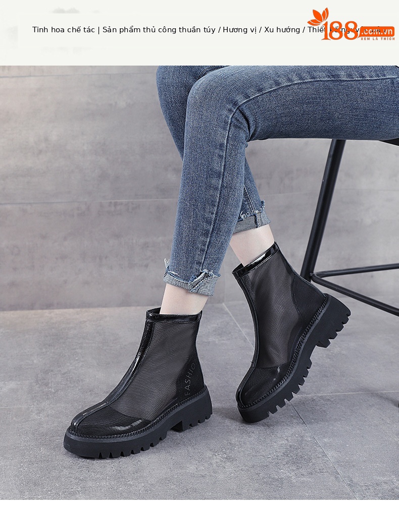 Boot lưới Martin nữ da bò thật đế bằng, kiểu dáng lỗ rỗng thoáng khí — Màu be chi tiết 1