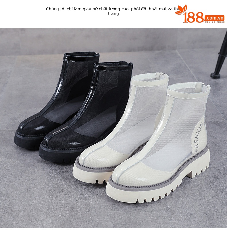 Boot lưới Martin nữ da bò thật đế bằng, kiểu dáng lỗ rỗng thoáng khí — Màu be chi tiết 2