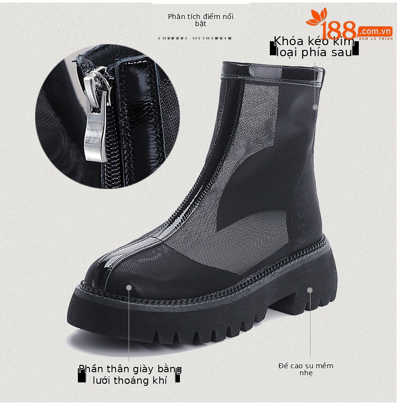Boot lưới Martin nữ da bò thật đế bằng, kiểu dáng lỗ rỗng thoáng khí — Màu be chi tiết 3