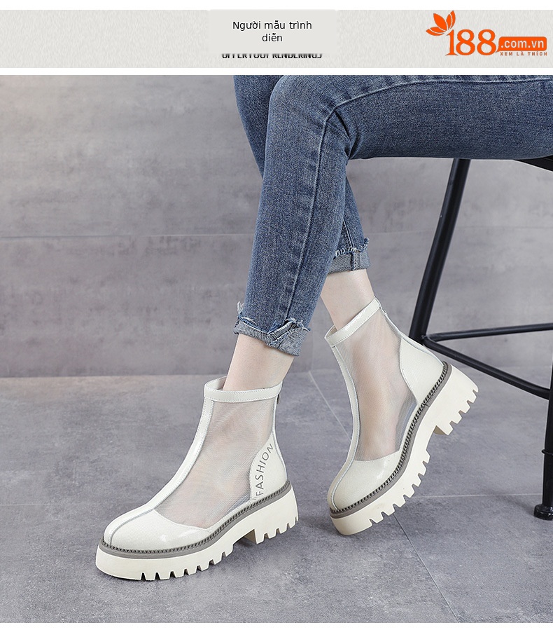 Boot lưới Martin nữ da bò thật đế bằng, kiểu dáng lỗ rỗng thoáng khí — Màu be chi tiết 9