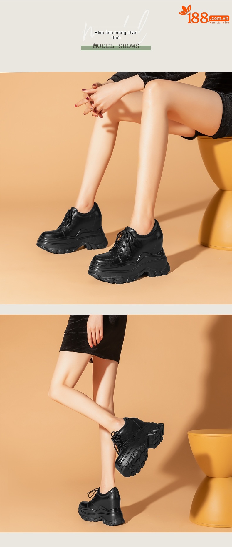 Giày sneaker platform nữ mũi tròn đế bánh xốp cao 12 cm — Màu đen chi tiết 2