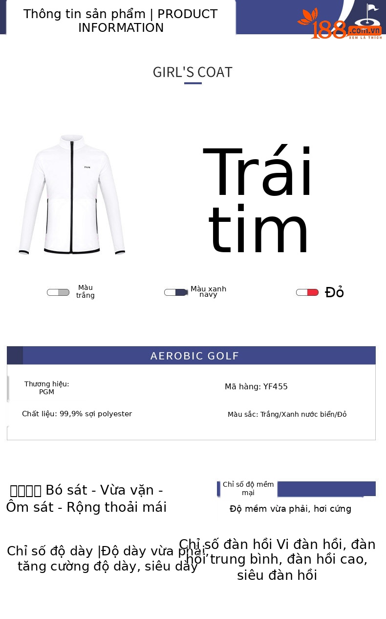 Áo khoác golf trẻ em PGM cổ đứng chống gió chống mưa thu đông — YF455-màu trắng, YF455-màu xanh nước biển, YF455-màu đỏ chi tiết 4