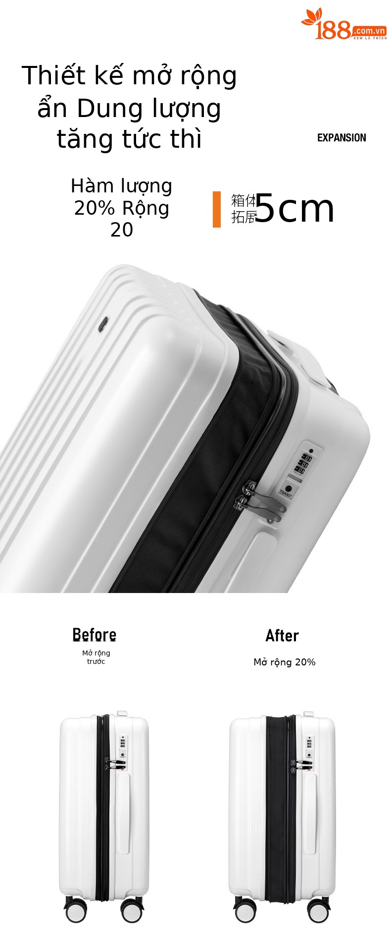 Vali kéo 20 inch đa năng cho học sinh, bánh xe xoay 360 độ, mở rộng dung tích — Xám đậm, Màu đen, Trắng sữa chi tiết 3