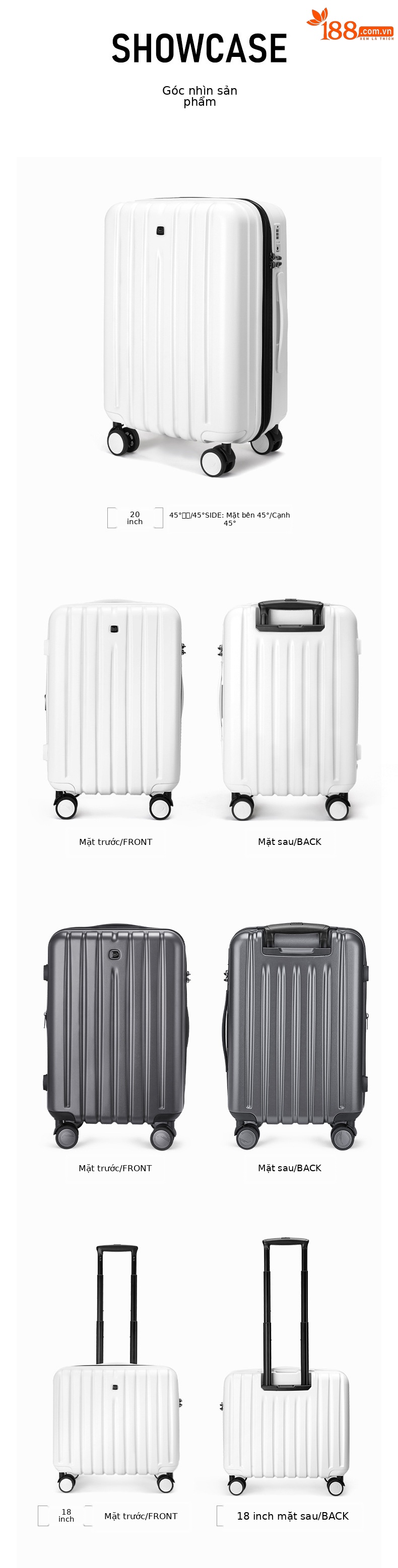 Vali kéo 20 inch đa năng cho học sinh, bánh xe xoay 360 độ, mở rộng dung tích — Xám đậm, Màu đen, Trắng sữa chi tiết 7