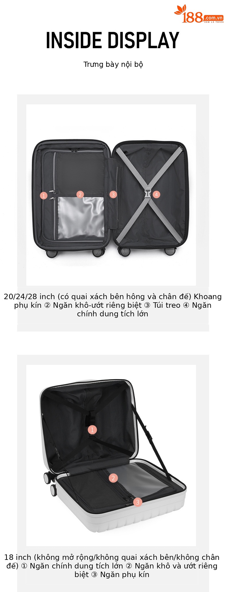 Vali kéo 20 inch đa năng cho học sinh, bánh xe xoay 360 độ, mở rộng dung tích — Xám đậm, Màu đen, Trắng sữa chi tiết 8
