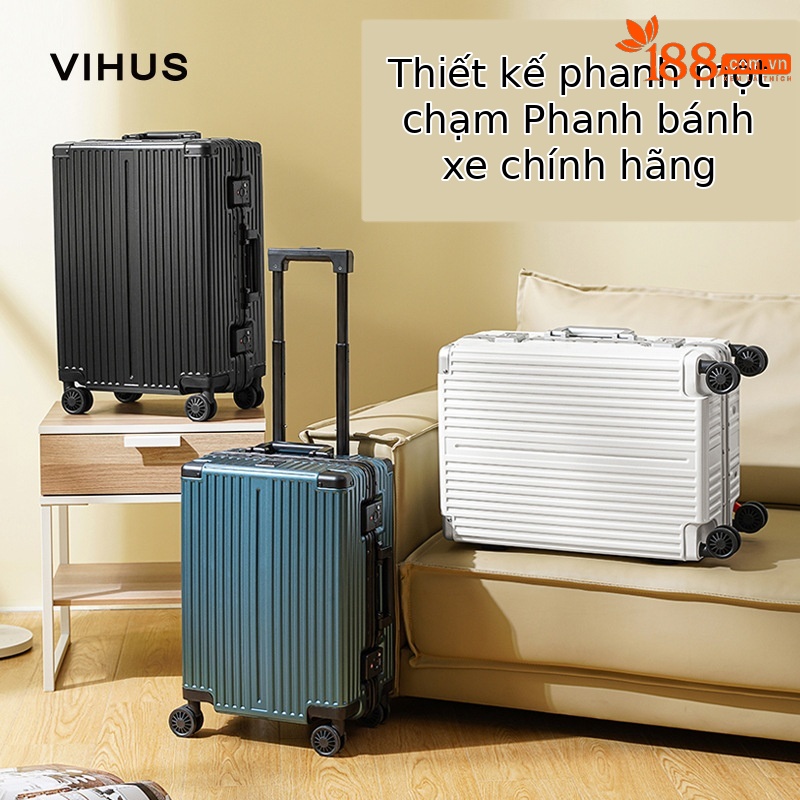 Vali khung nhôm sọc dọc nữ bánh xe phanh khóa số 24 inch — Màu đen, Màu trắng, Xanh mực