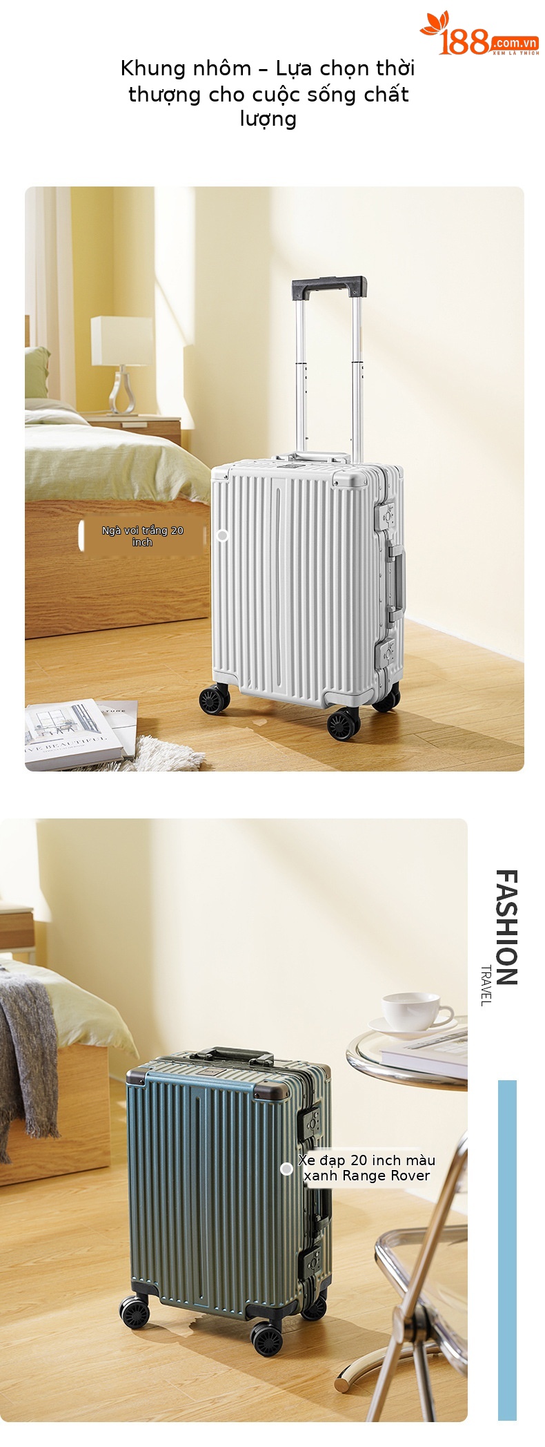 Vali khung nhôm sọc dọc nữ bánh xe phanh khóa số 24 inch — Màu đen, Màu trắng, Xanh mực chi tiết 4