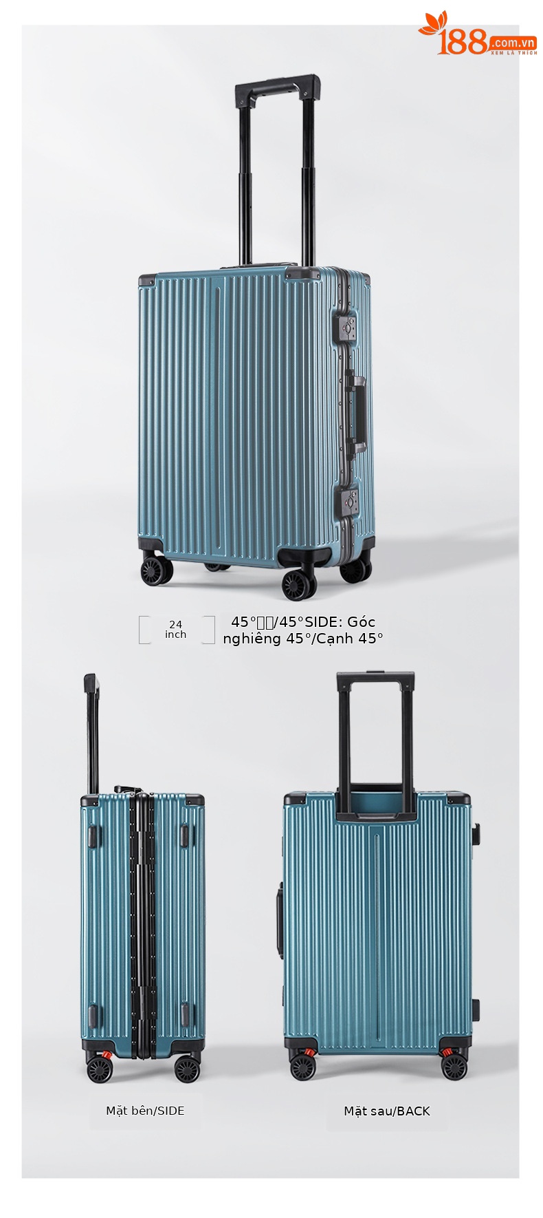Vali khung nhôm sọc dọc nữ bánh xe phanh khóa số 24 inch — Màu đen, Màu trắng, Xanh mực chi tiết 12