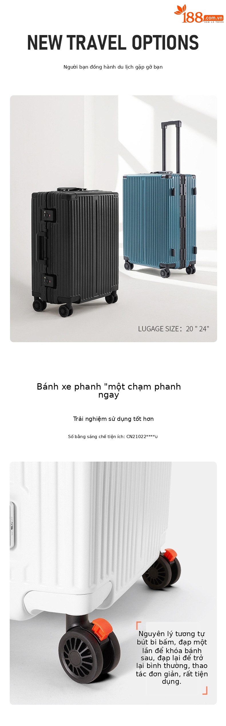 Vali khung nhôm sọc dọc nữ bánh xe phanh khóa số 24 inch — Màu đen, Màu trắng, Xanh mực chi tiết 2