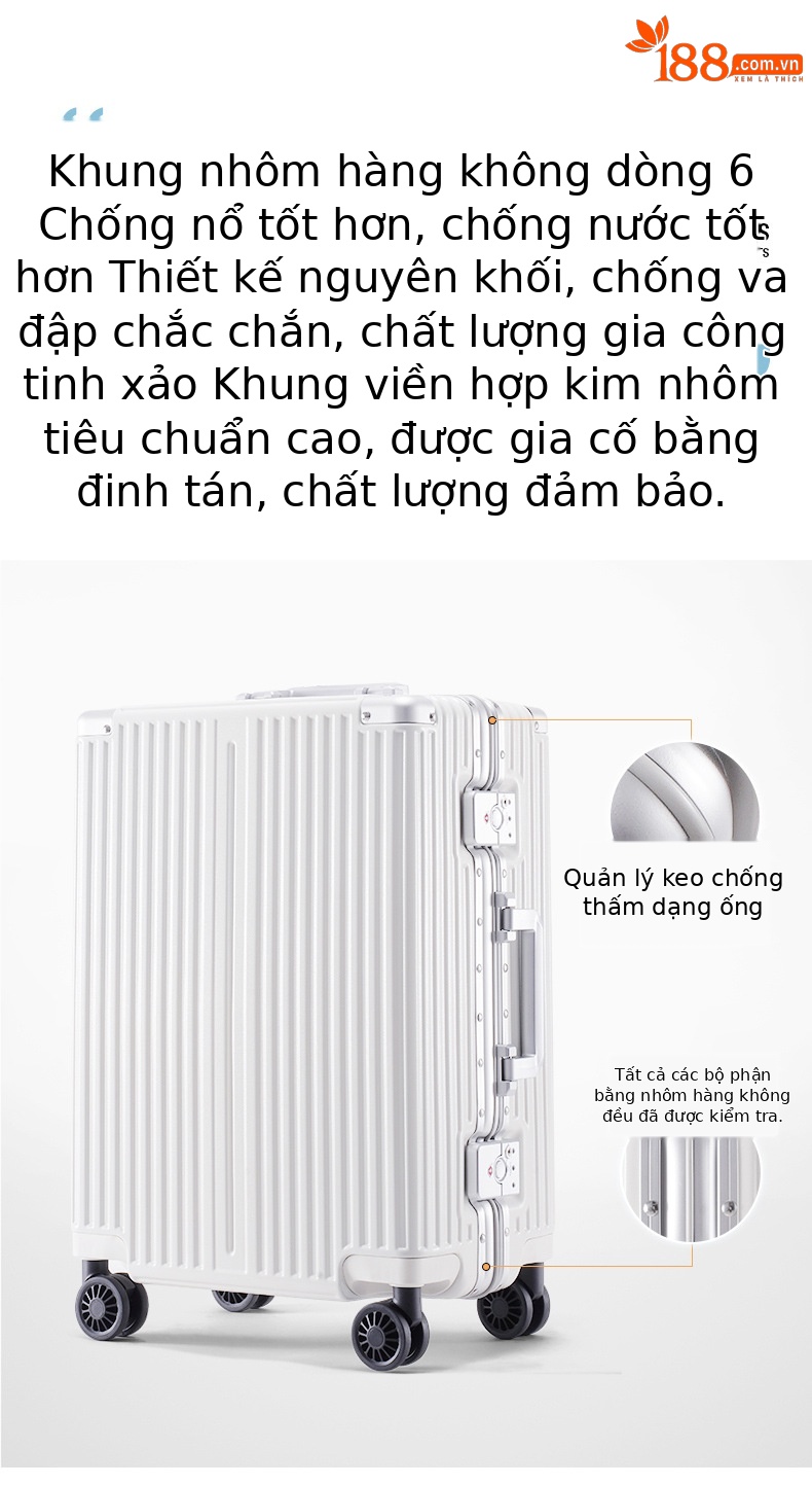Vali khung nhôm sọc dọc nữ bánh xe phanh khóa số 24 inch — Màu đen, Màu trắng, Xanh mực chi tiết 6